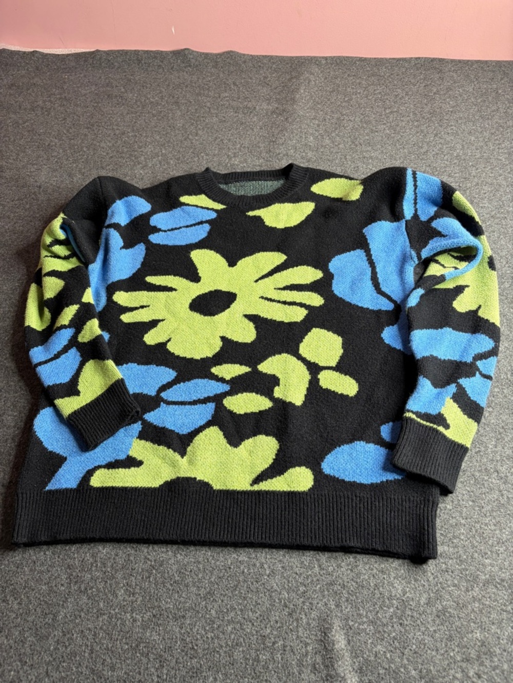 Target Black Crewneck Sweater with Blue and Lime Floral Pattern